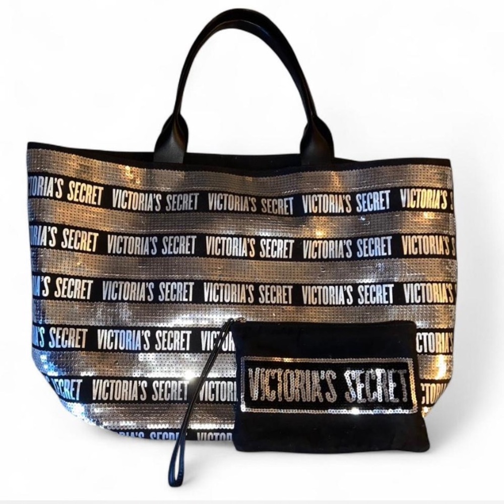Y2K Victoria's Secret Black and Silver Striped Tote Set